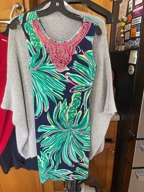 Lilly Pulitzer Sleeveless Beaded Neck Tropical Palm Dress Small Green